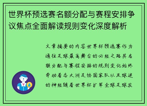 世界杯预选赛名额分配与赛程安排争议焦点全面解读规则变化深度解析
